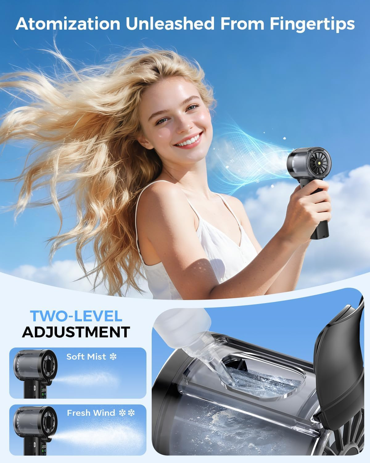 Doge&Vollar 4-in-1 Misting Portable Fan, 5000mAh 30H Max Runtime, 1-100 Speed Tu