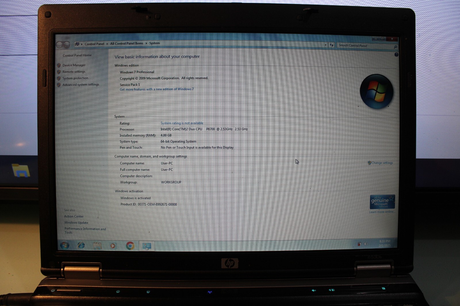 HP Compaq 6530b Intel Core 2 Duo CPU P8600 @2.40GHz 4GB 150GB HDD WINDOWS 7
