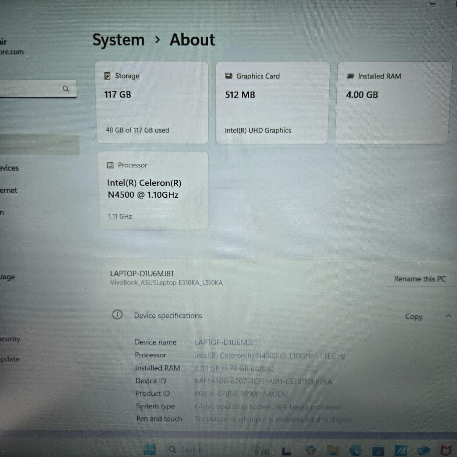Asus vivobook L510K-ES04 15.6″ Celeron N4500 1.1GHz 4GB RAM 128GB SSD