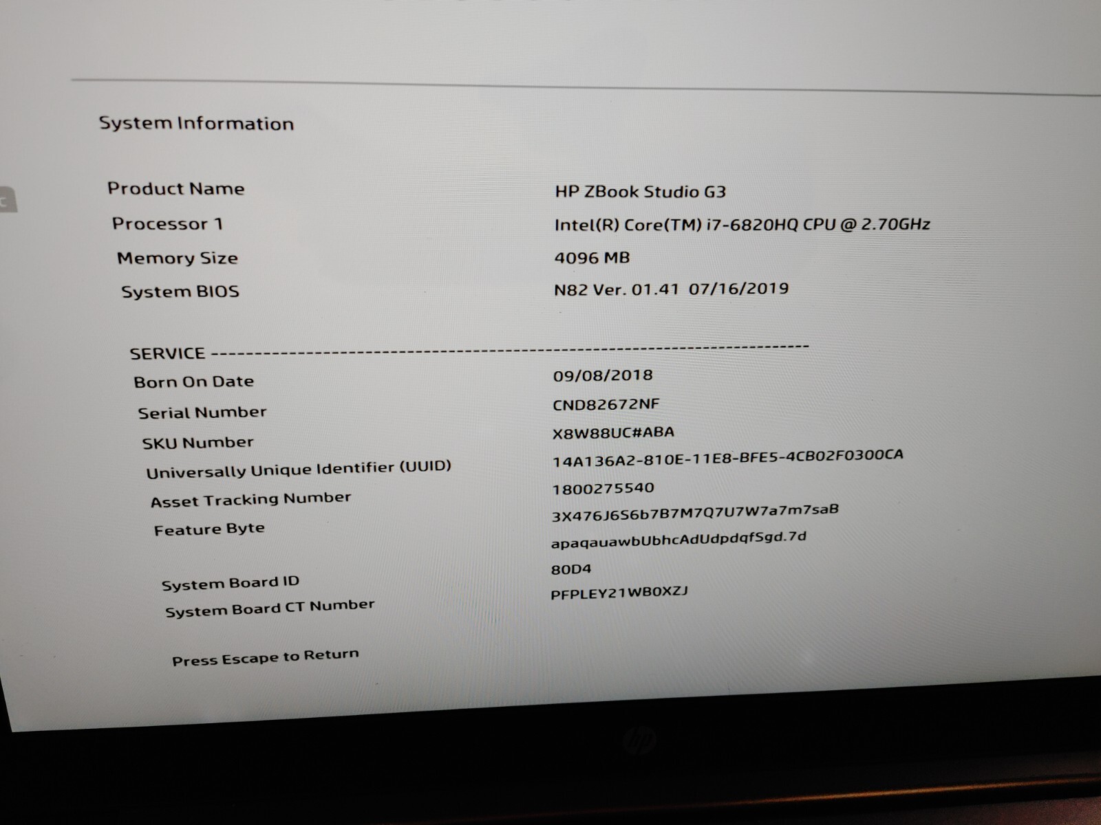HP ZBook Studio G3 Core i7-6820HQ@ 2.70GHz, 4GB RAM,NO SSD FOR PARTS ONLY.