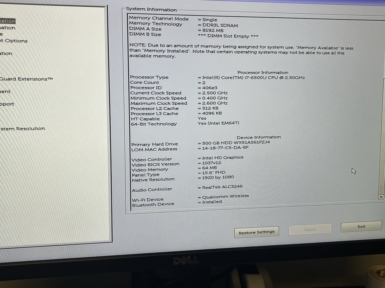 Dell Latitude 3570 Intel Core i7-6500U 2.50Ghz 8GB Ram 500GB HDD NO OS