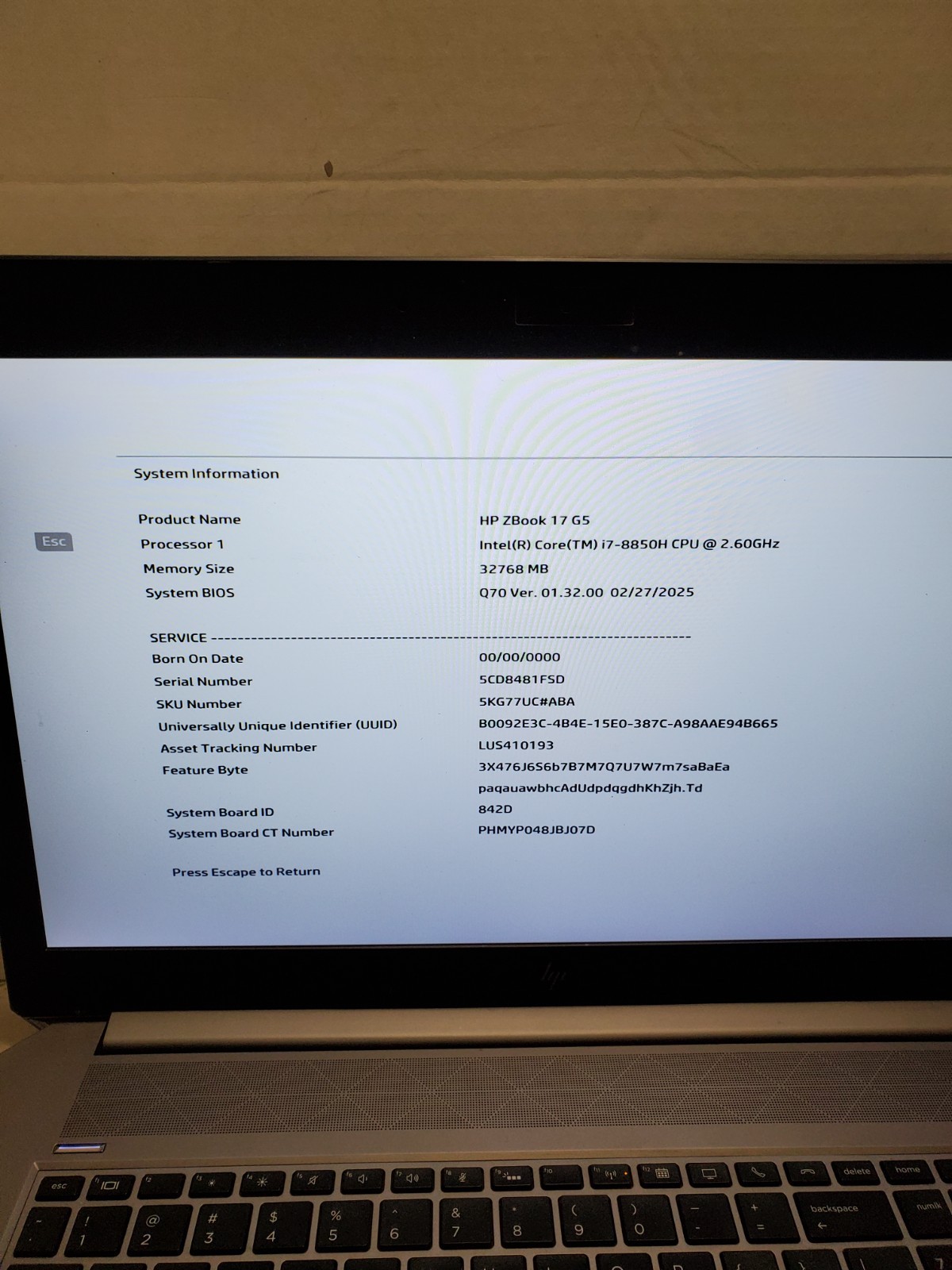 HP ZBook 17 G5 i7-8850H 2.60GHz 32GB RAM No HDD/SSD/OS! BIOS PW! #69