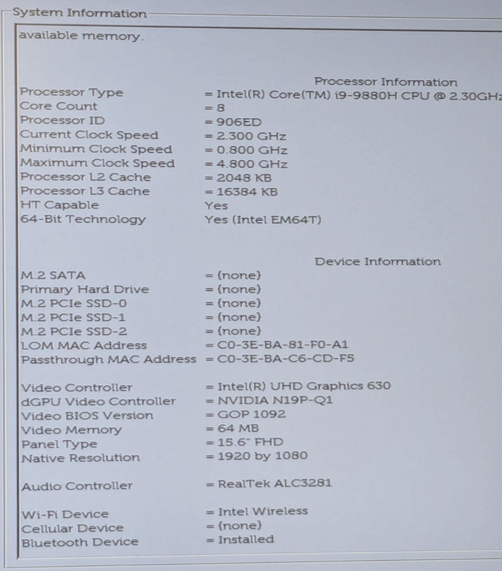 Dell Precision 7540 15.6″ i9-9880H 2.30GHz 32GB No Drive T1000 READ 7T4L453