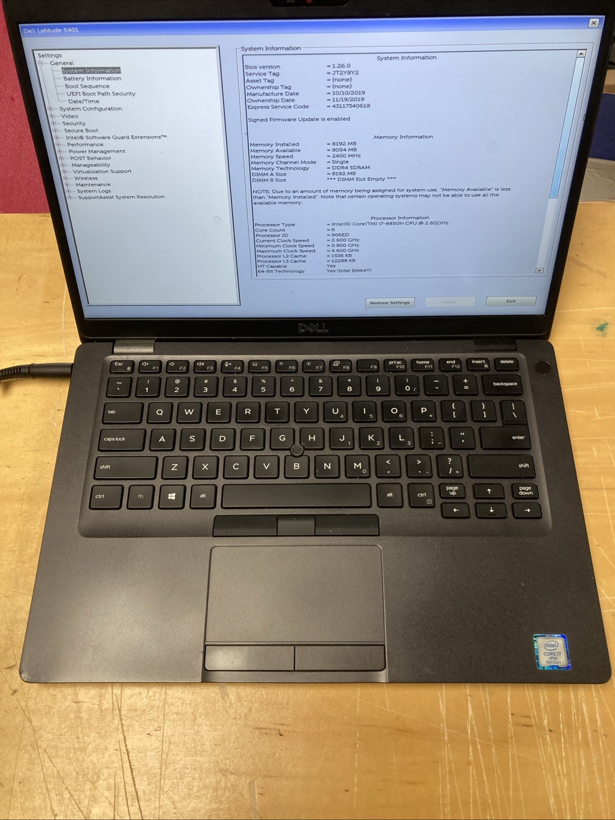 Dell Latitude 5401 14″ i7-9850H 8GB RAM No SSD No OS #2006