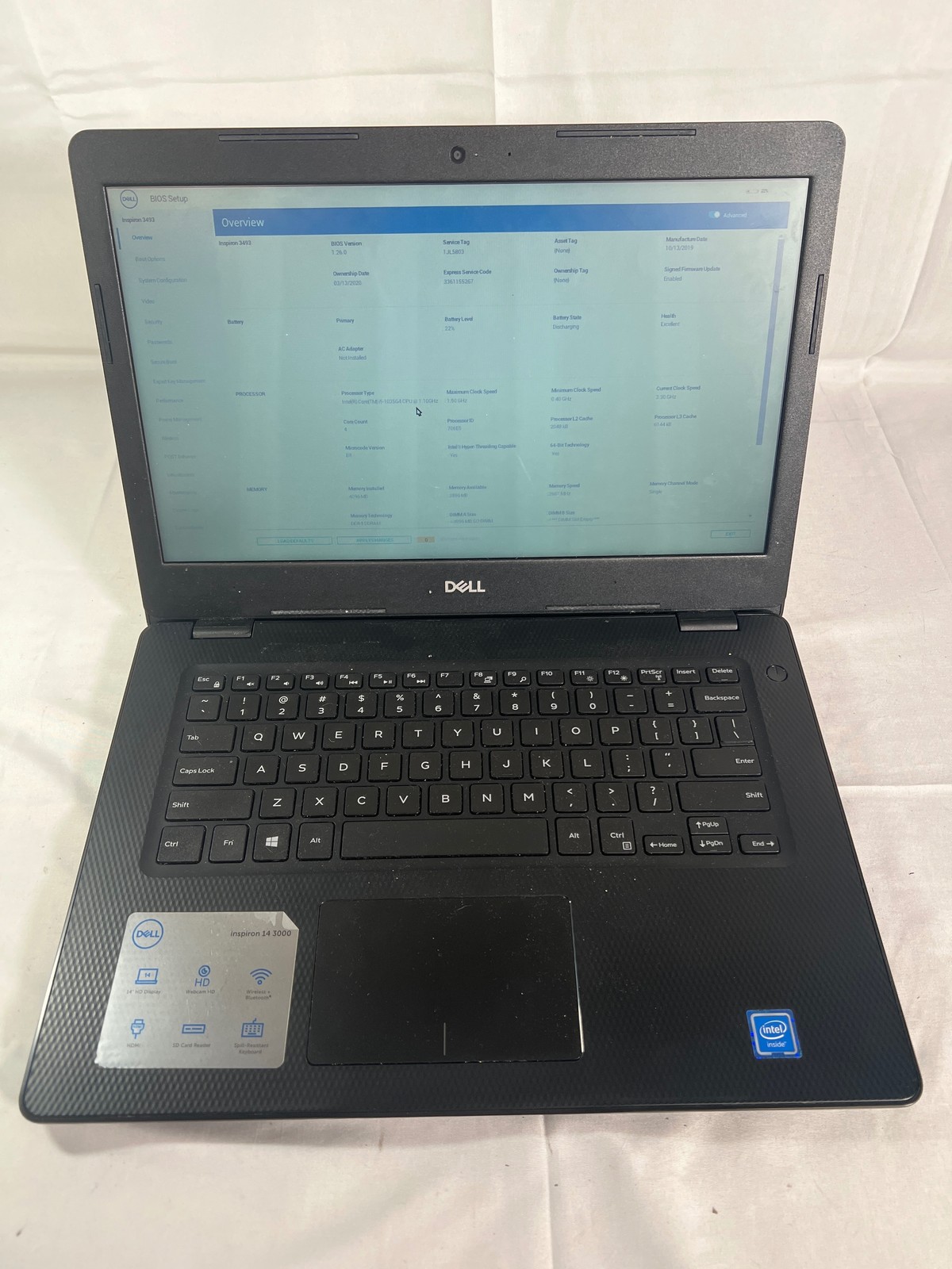 Dell Inspiron 3493 i5-1035G4 No Ram No Drive M2 Broken 14″ Parts