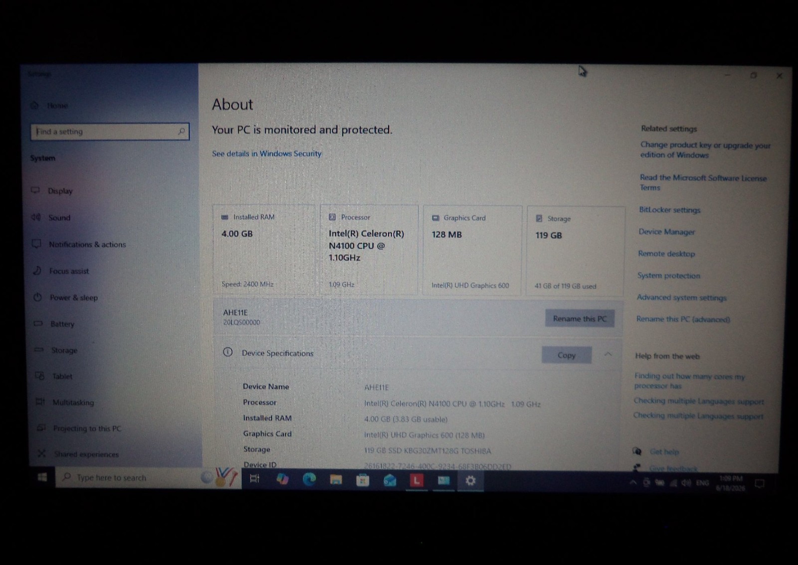 Lenovo Thinkpad 11e 5th gen, Intel Celeron N4100 1.1 GHz, 4GB RAM, 128GB NVMe