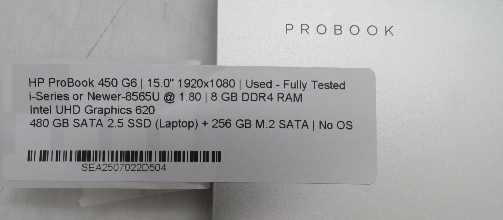 HP ProBook 450 G6 i7-8565U @ 1.8 GHz 8GB RAM 480GB & 256GB SSD MX130 No OS