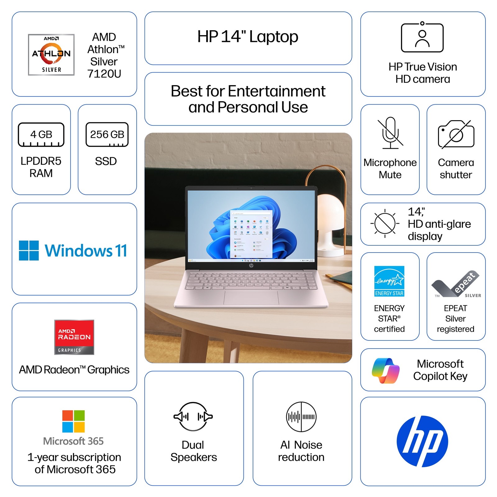 HP 14 Inch HD Laptop, AMD Athlon Silver 7120U Processor, 4GB DDR5 RAM, 256GB