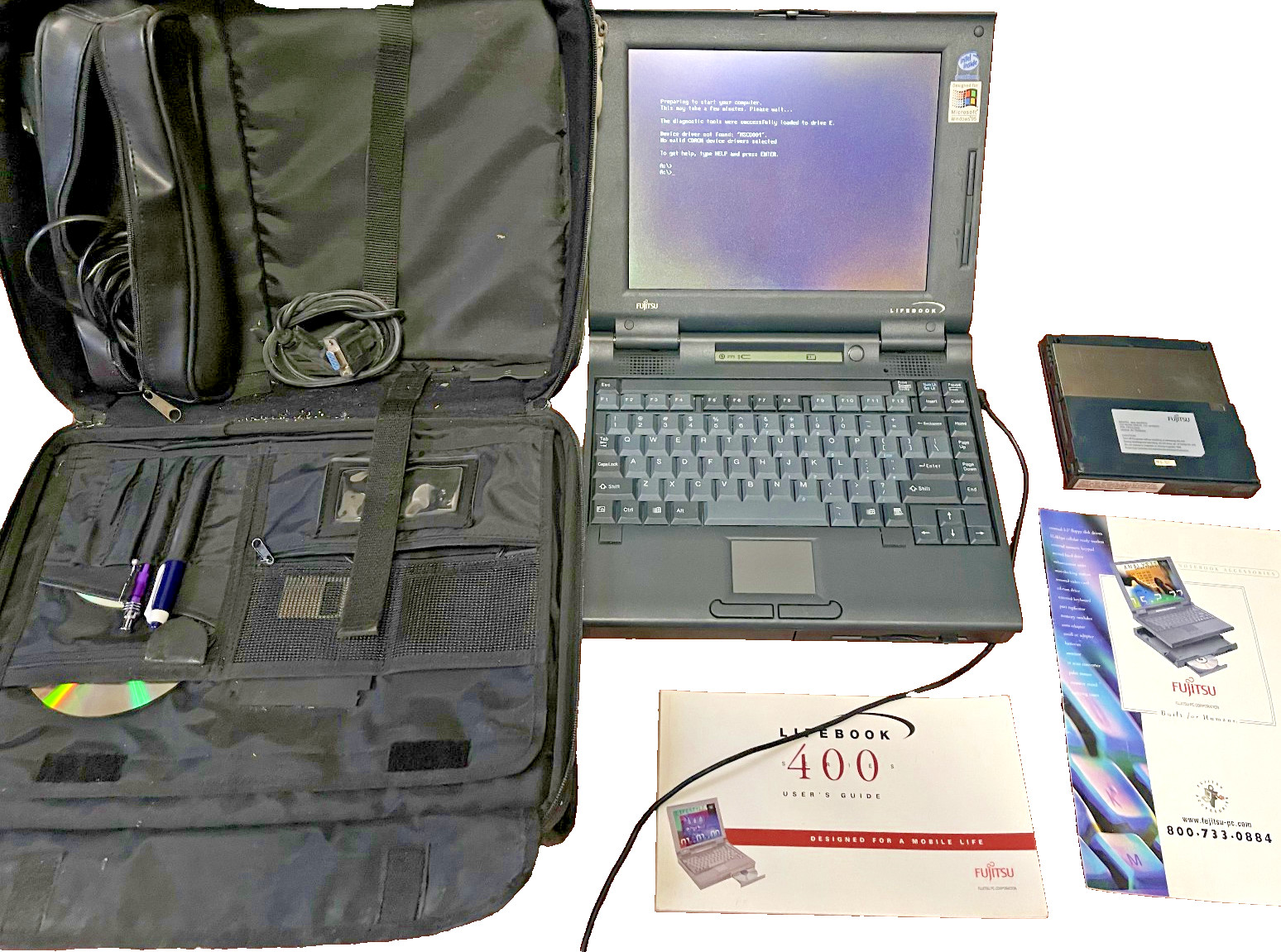 Fujitsu Lifebook 420D Windows 98 Laptop Vintage Complete Set CD ROM, 10base T PC