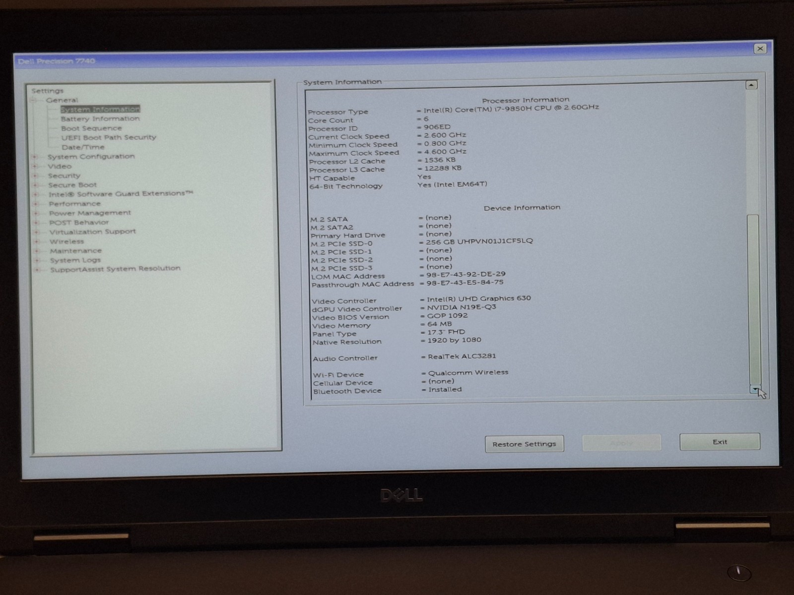 DELL PRECISION 7740 17.3″ I7-9850H 256GB SSD 32GB RAM NVIDIA RTX 4000 WIN 11 PRO