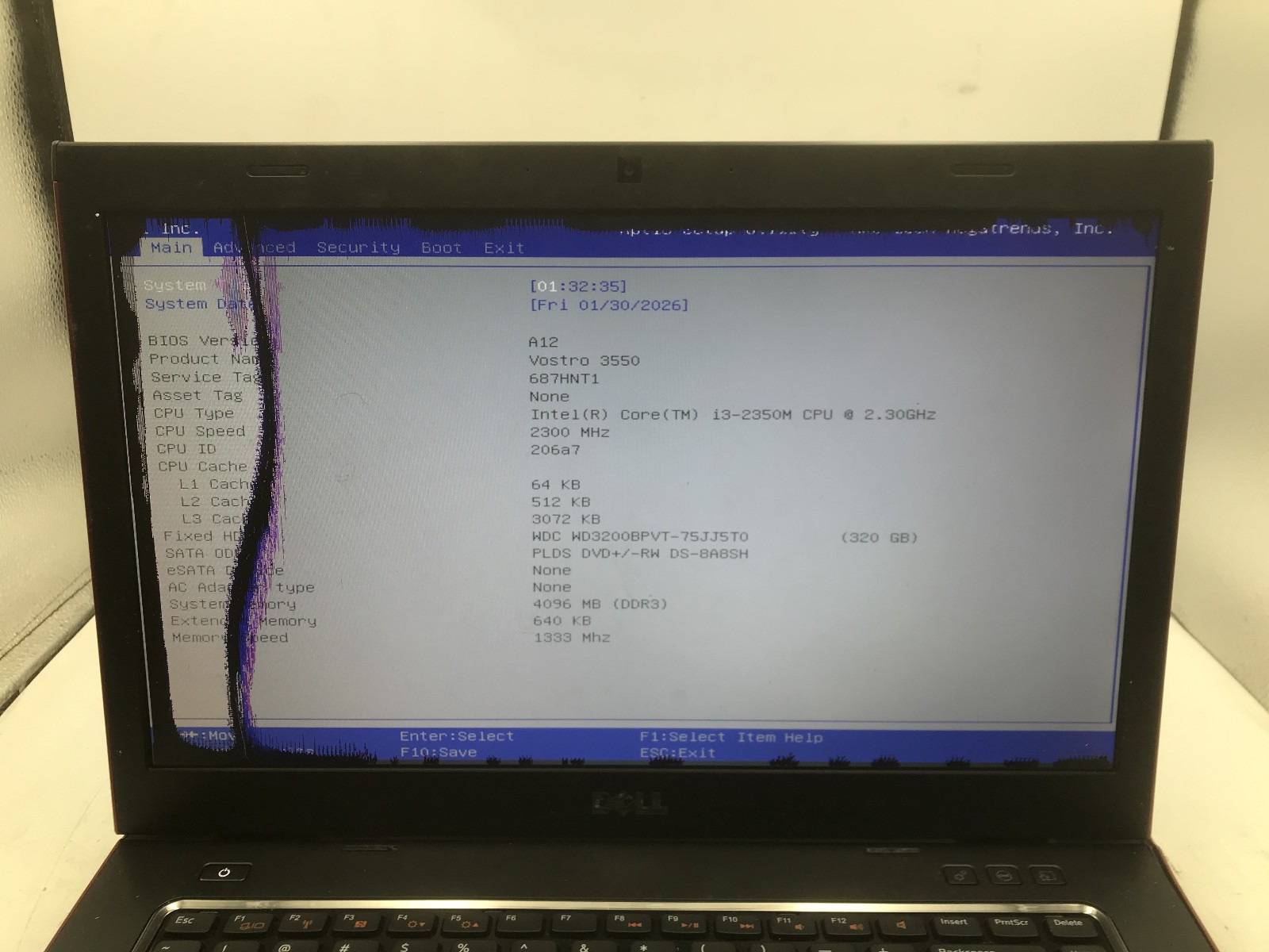 DELL VOSTRO 3550 – BOOTS TO BIOS/BAD LCD – INTEL I3 2350M – 4GB RAM – READ – BB!