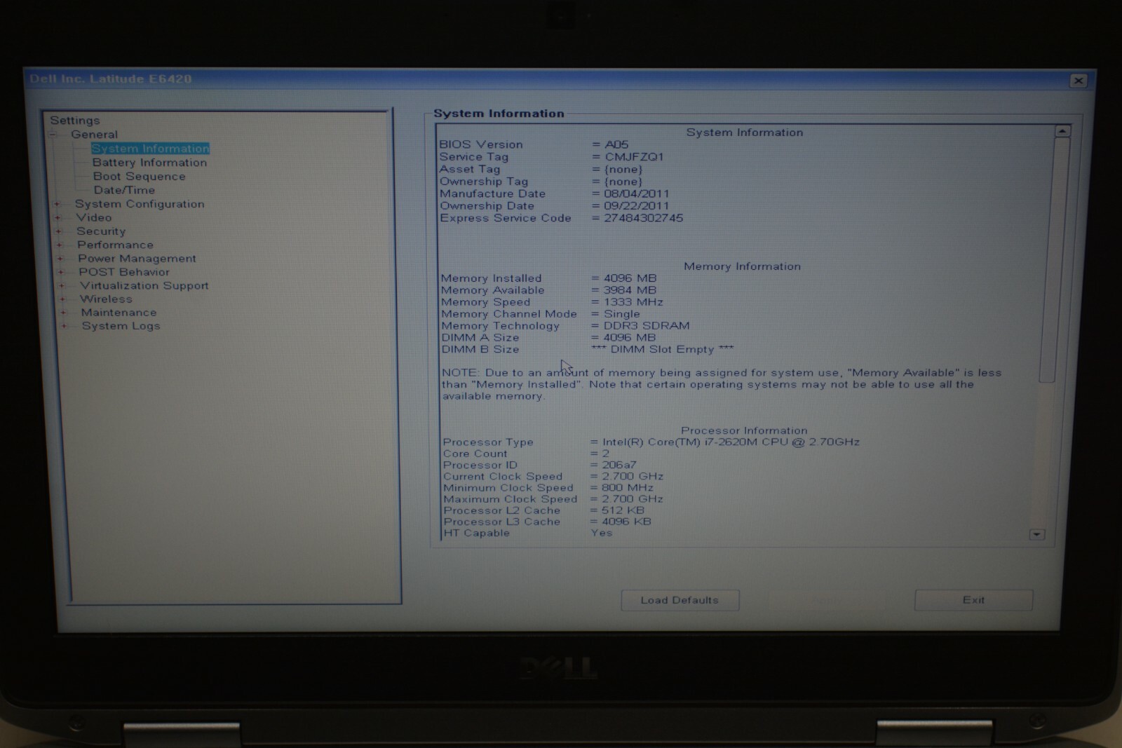 Dell Latitude E6420 14″ Intel i7-2620M 2.7GHz 4GB Ram No HD #W90