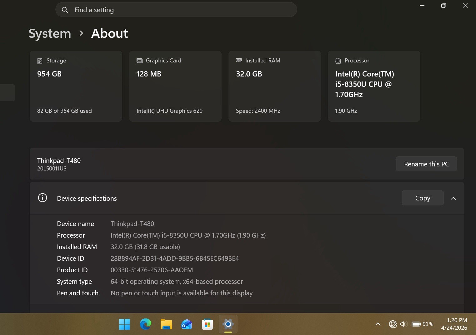 Lenovo ThinkPad T480 14″ FHD i5-8350U 32GB RAM 1 TB SSD Windows 11 Pro Laptop