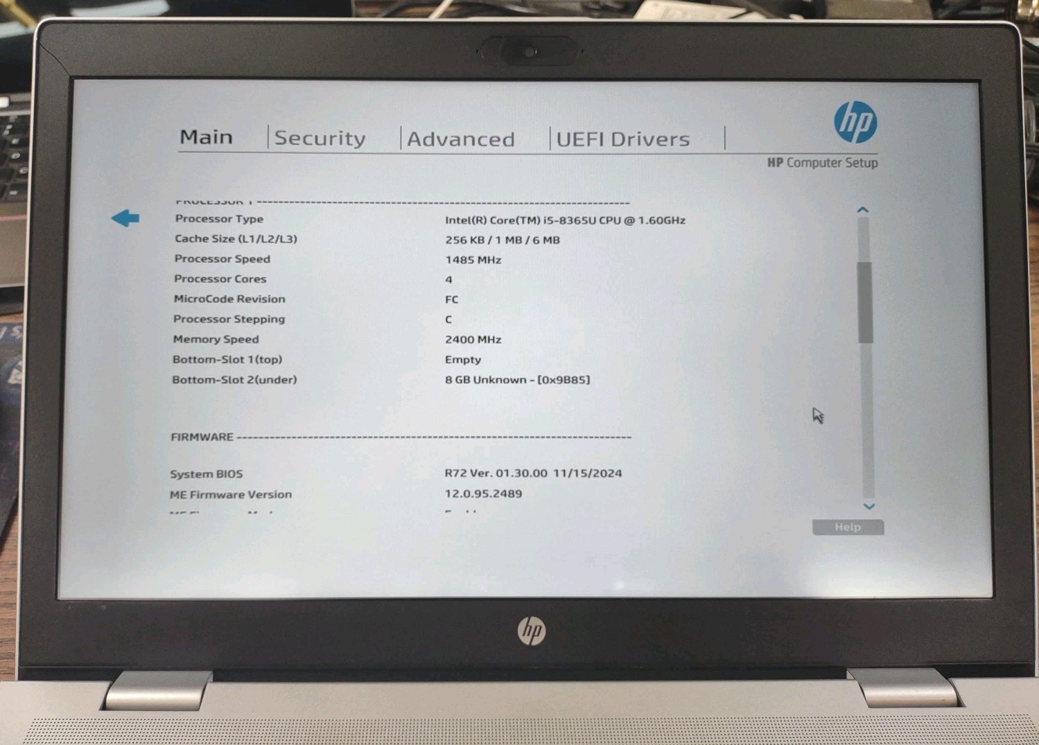 HP Probook 650 G5 LAPTOP 15.6 W/ i5-8365U 1.60GHz, 8GB, 256GB.