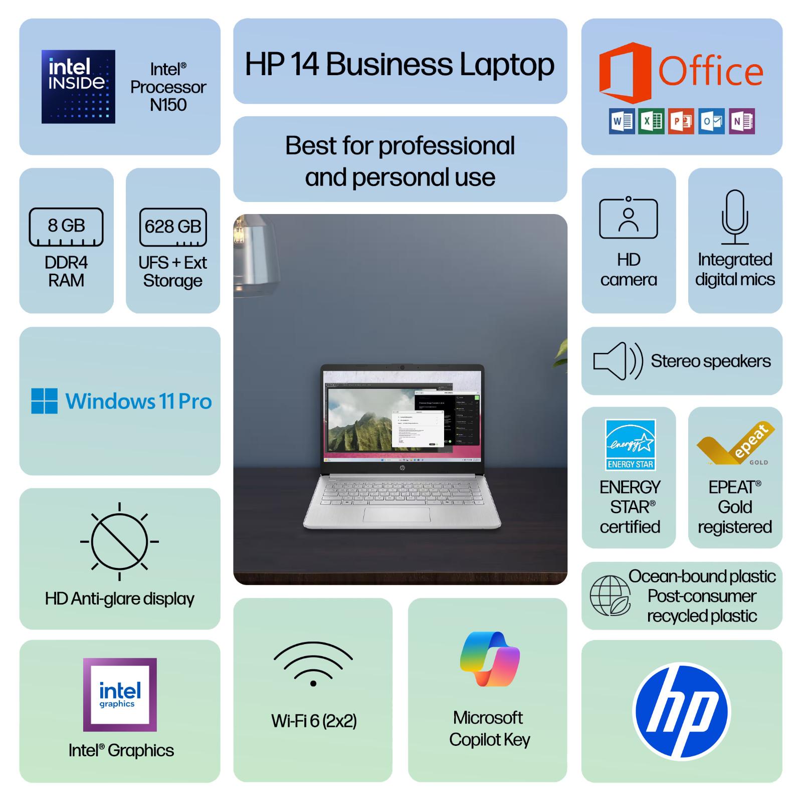 2026 HP Laptop Computer 14″ 4-Core Intel CPU 8GB RAM 628GB Storage Office Pro