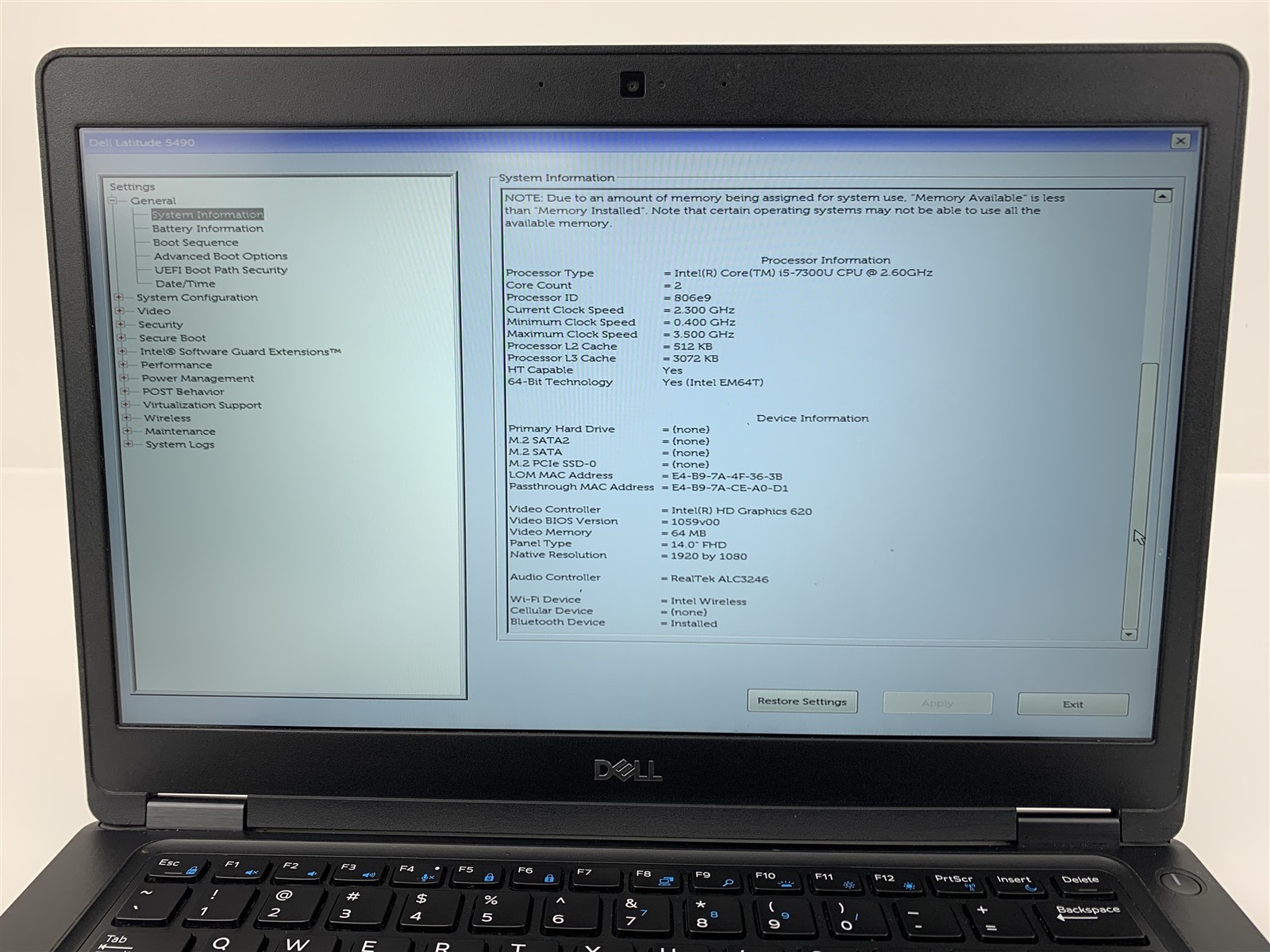 Dell Latitude 5490 Intel i5-7300U 2.60GHz 8GB Ram No SSD/HDD 6XXRHR2