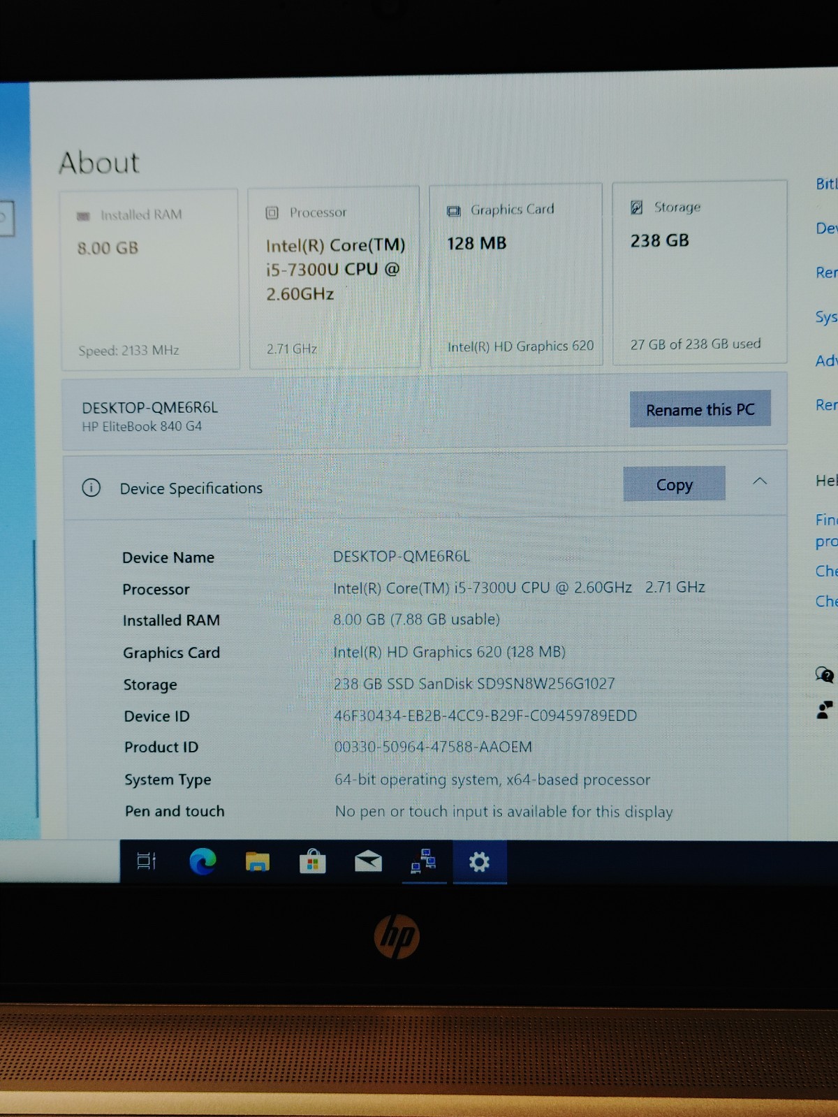 HP EliteBook 840 G4 QME6R6L 14 i5-7300U 2.6 8GB 256GB SSD WINDOWS 10 PRO