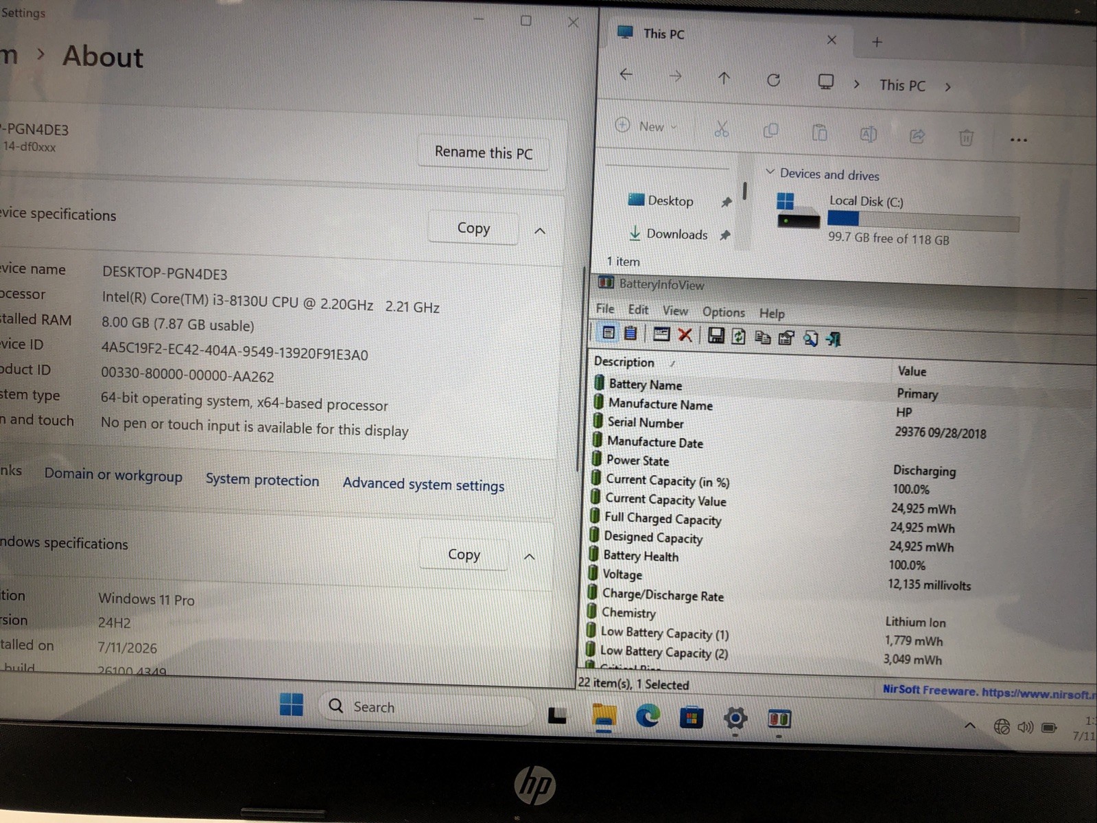 HP Laptop 14-df0xxx, Intel Core i3-8130U @2.20Ghz, 8GB RAM, 128GB SSD, W11Pro