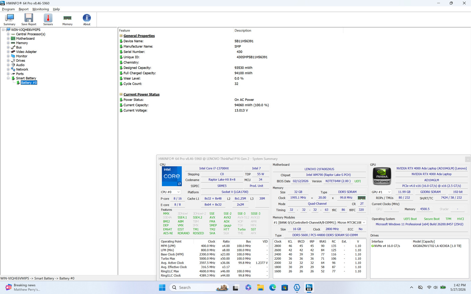 Lenovo ThinkPad P16 Gen 2 16″ i7-13700HX 32GB 1TB RTX 4000 Ada Win11 Pro Wty
