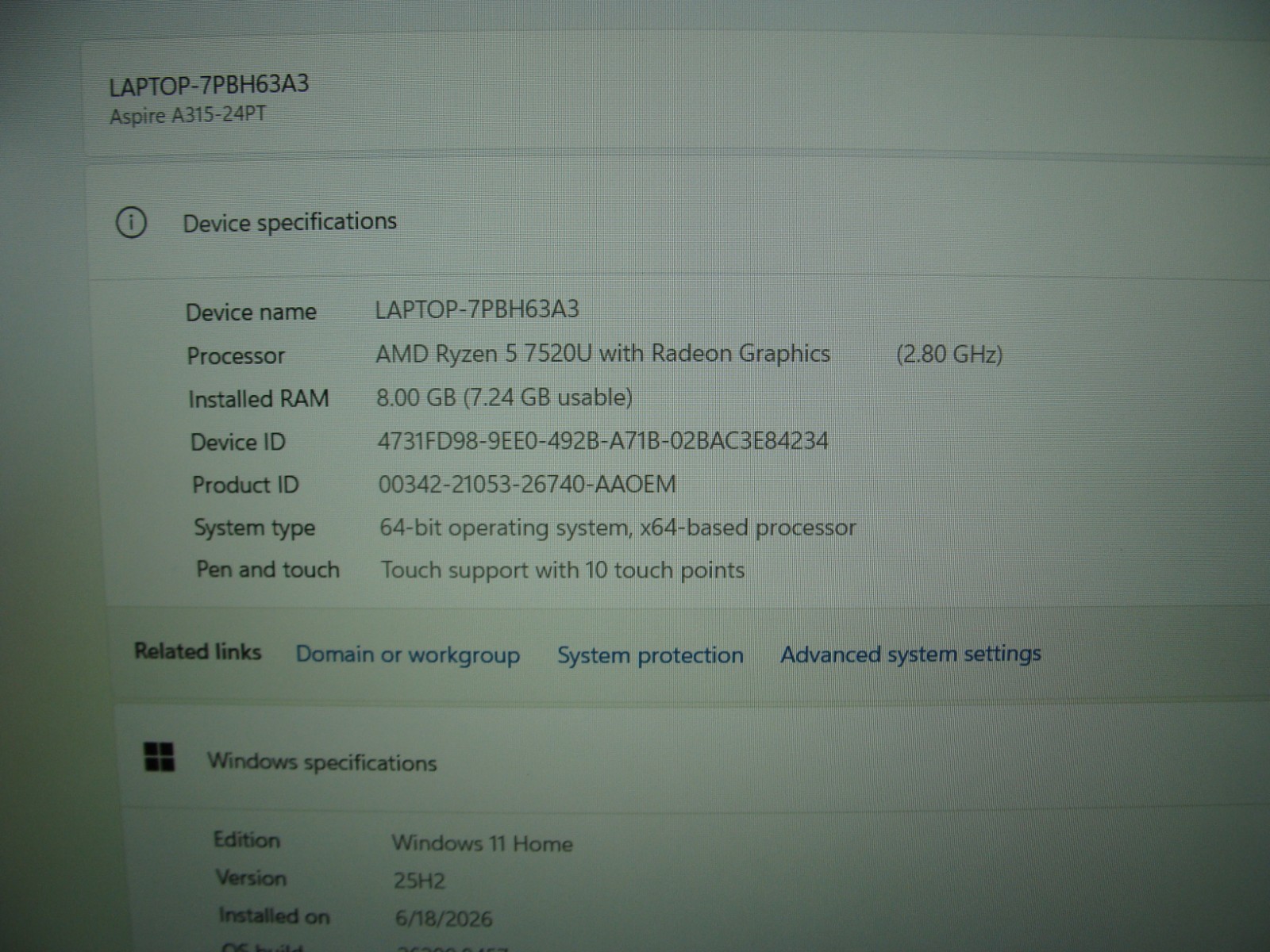 Acer Aspire A315-24PT 15.6″FHD TOUCH AMD Ryzen 5 7520U 2.8Gh 8GB 512GB W11H +PA