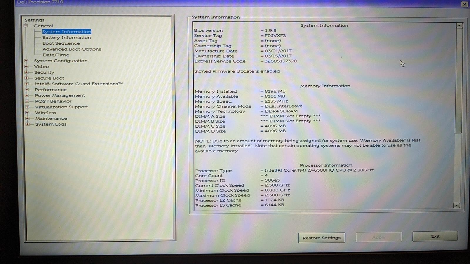 DELL PRECISION 7710 i5-6300HQ @ 2.30GHz, 8GB RAM, NO HDD/OS