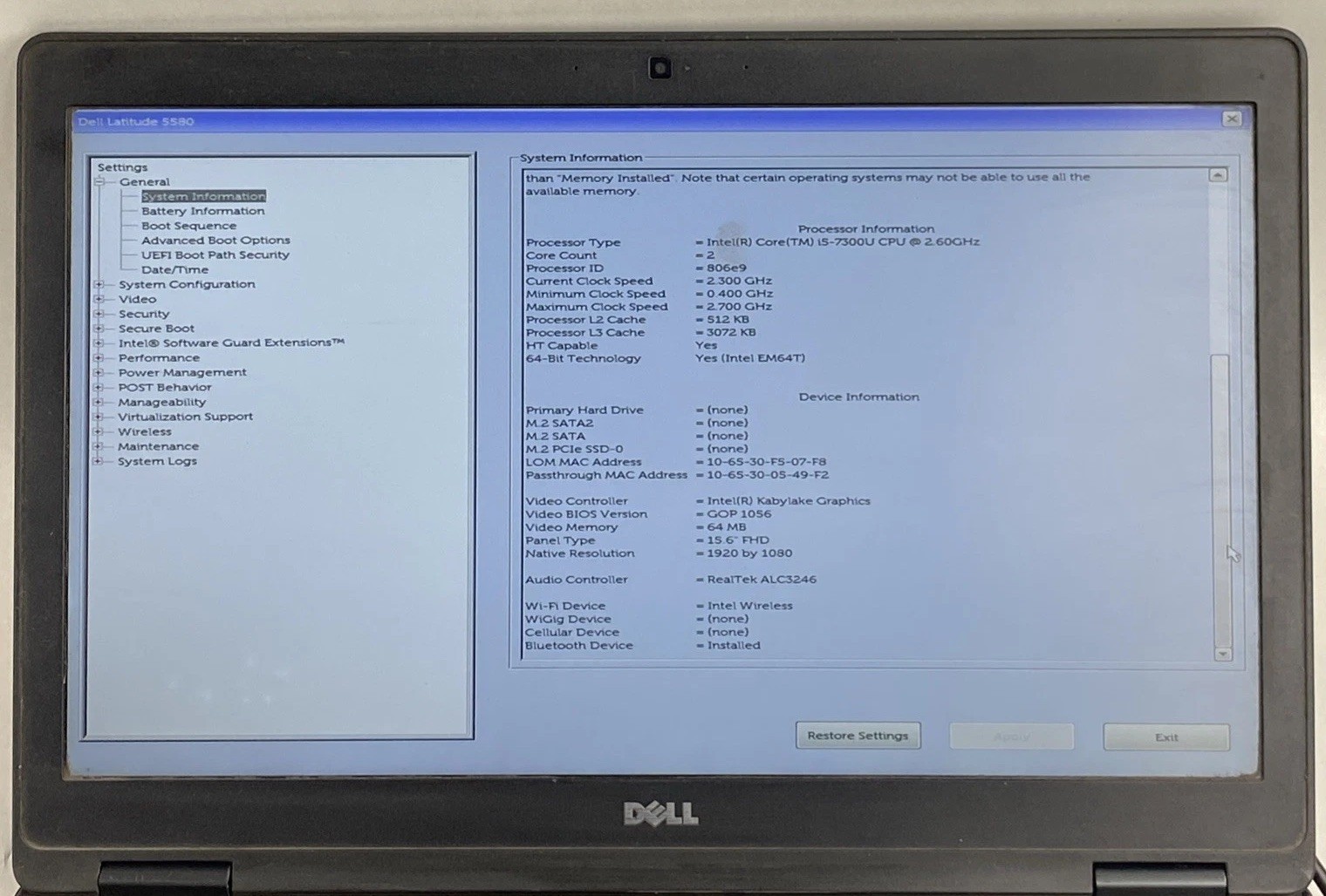 Dell Latitude 5580 Intel Core i5-7300U 2.60GHz 8GB RAM 15.6″ No Battery/HDD/OS