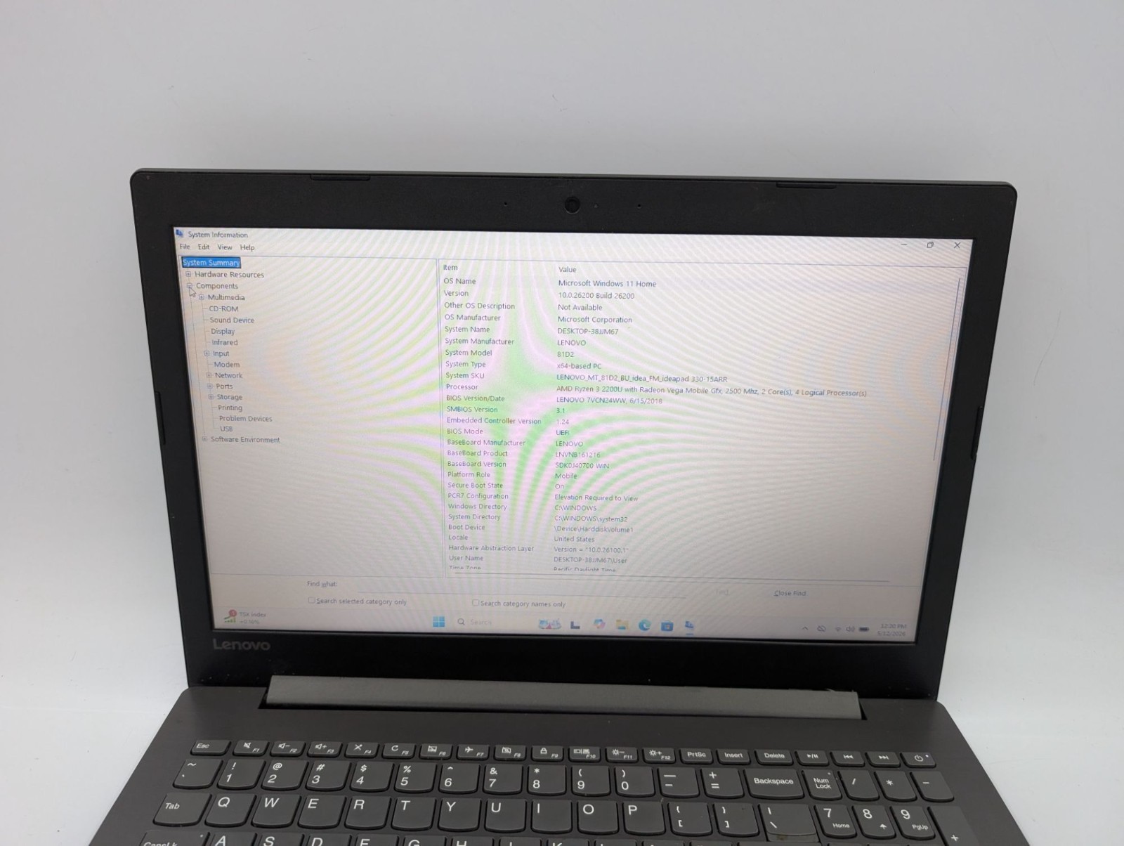 Lenovo IdeaPad 330-15ARR 15.6″ AMD Ryzen 3 2200U 8GB RAM 120GB SSD Win 11 Home