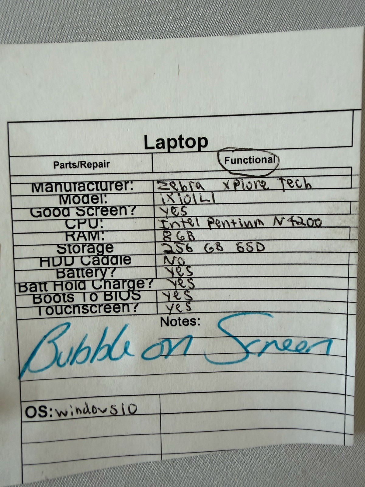 Zebra Xplore Tech ixi01L1 Laptop – Good Screen – Intel Pentium N4200 – Read Des