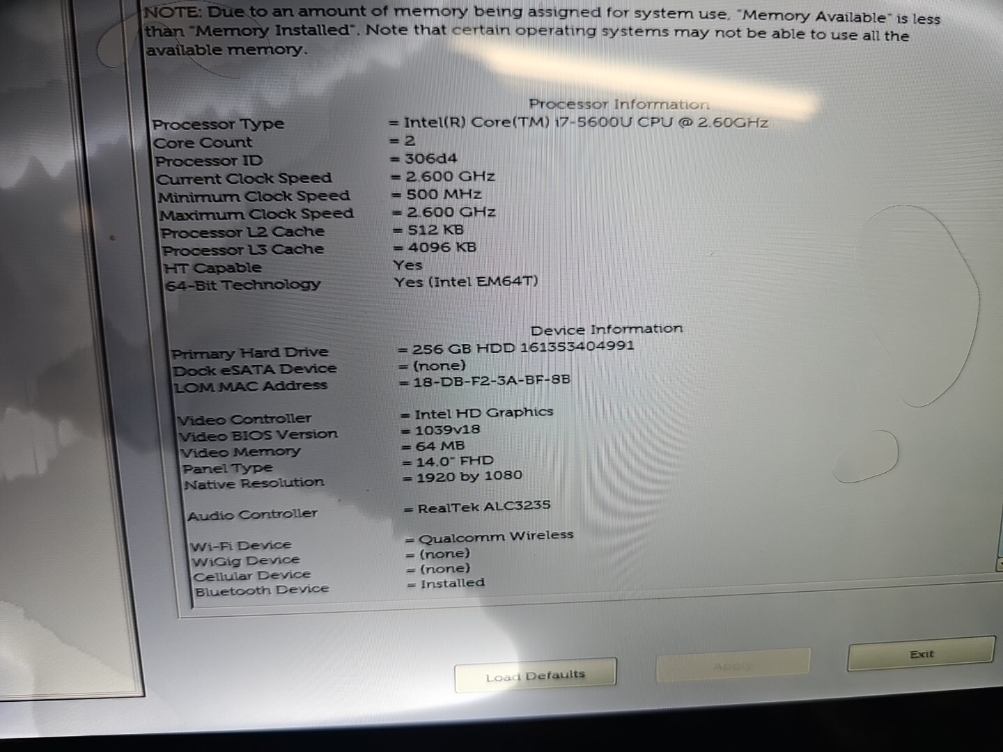 DELL Latitude E7450 14″ Intel Core i7-5600U 2.60GHz 8GB 256gb Bad Lcd Excel Batt