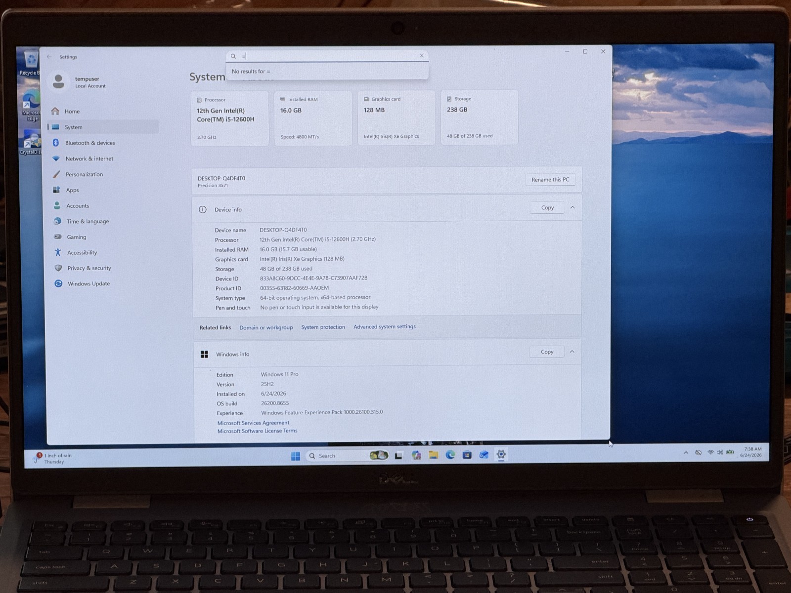 Dell Precision 3571, 15.6″ Screen, i5-12600H 2.70GHz, 16GB RAM 256GB NVME HD