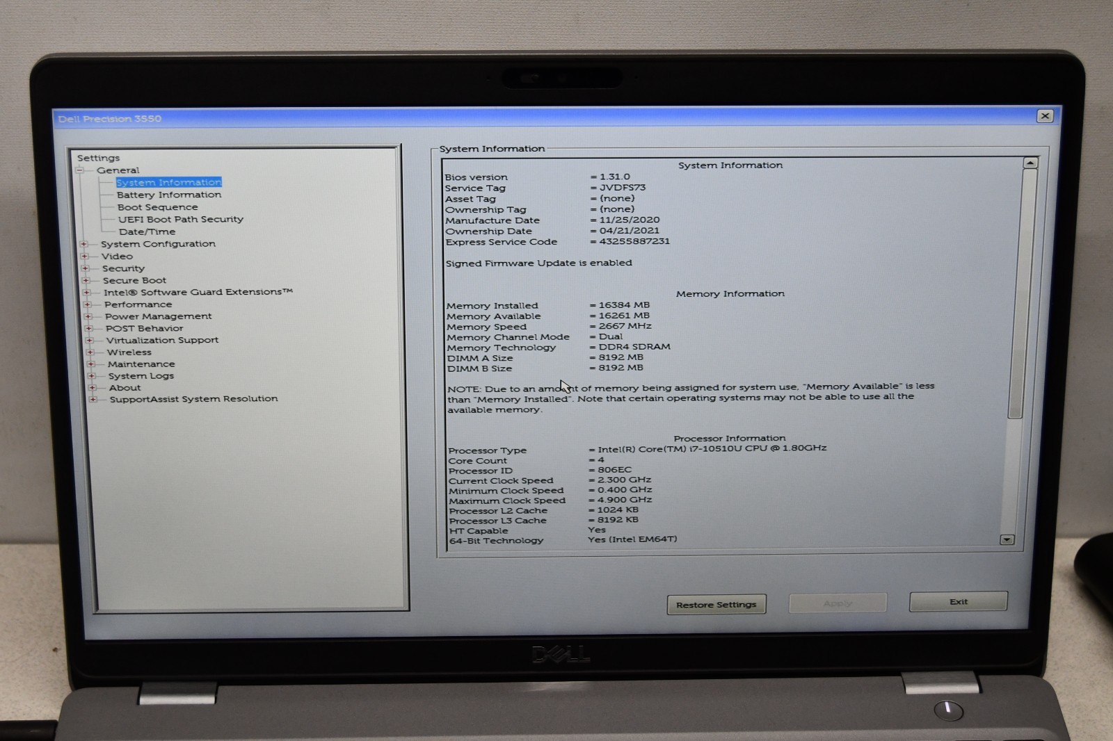 ^ Dell Precision 3550 15.6″ Intel i7-10510U @ 1.80GHz 16GB Ram No HD #X6990