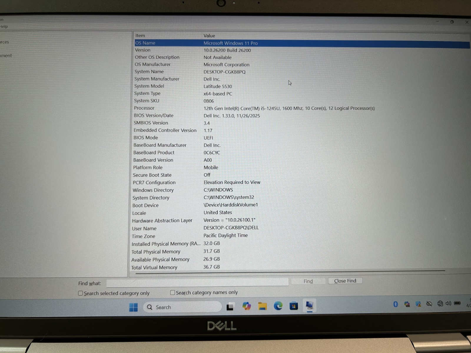 LAPTOP DELL Latitude 5530 15.6in Core i5-1245U 512GB SSD M.2 32GB RAM Win 11 Pro