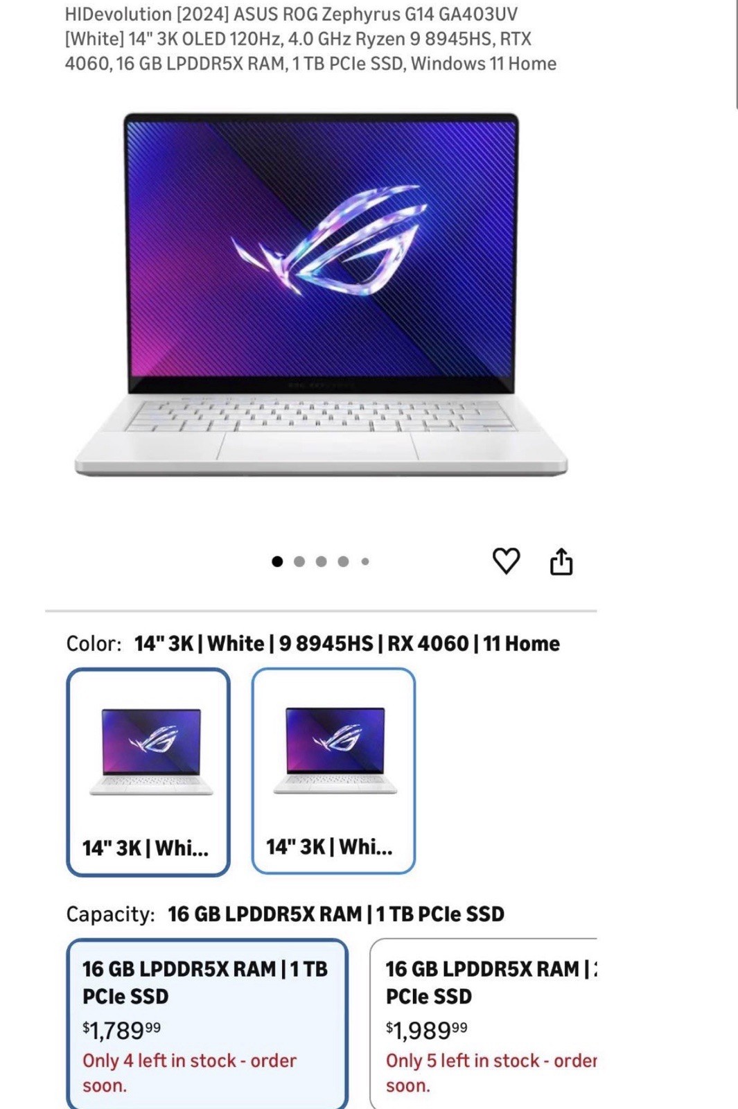 Asus Zephyrus OLED G14 Rog GA403UV 14″ Ryzen 9 8945HS 4.0GHz 1TB SSD RTX 4060