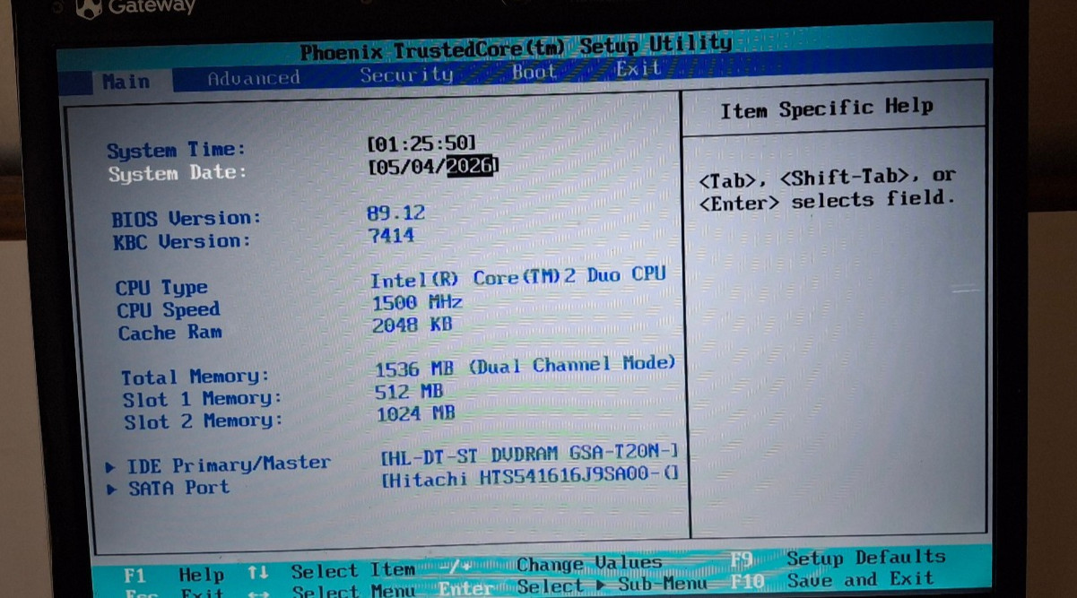 Gateway W305I 14″ Laptop Intel Core 2 Duo 1 GB Ram,Charger, No HD/OS