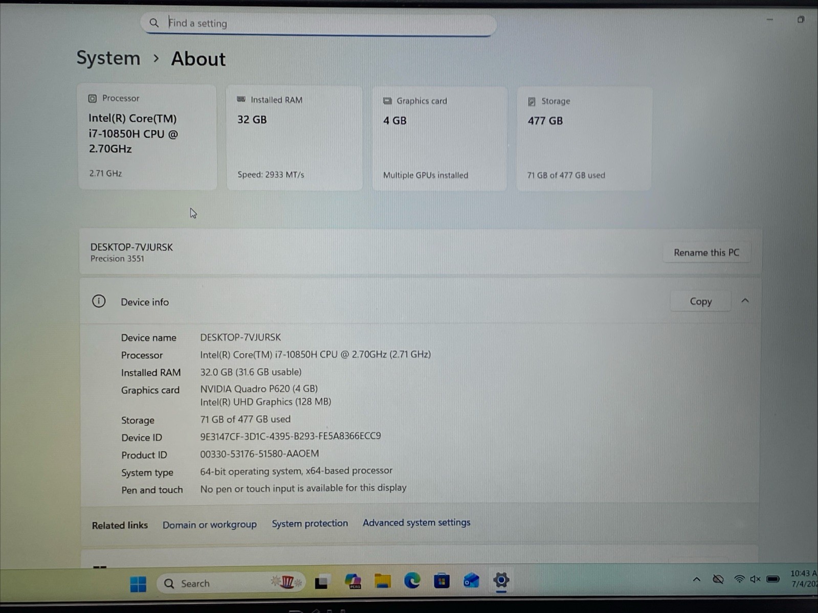 Dell Precision 3551 Core i7-10850H 2.7GHz 32GB RAM 512GB SSD W11P Nvidia P620
