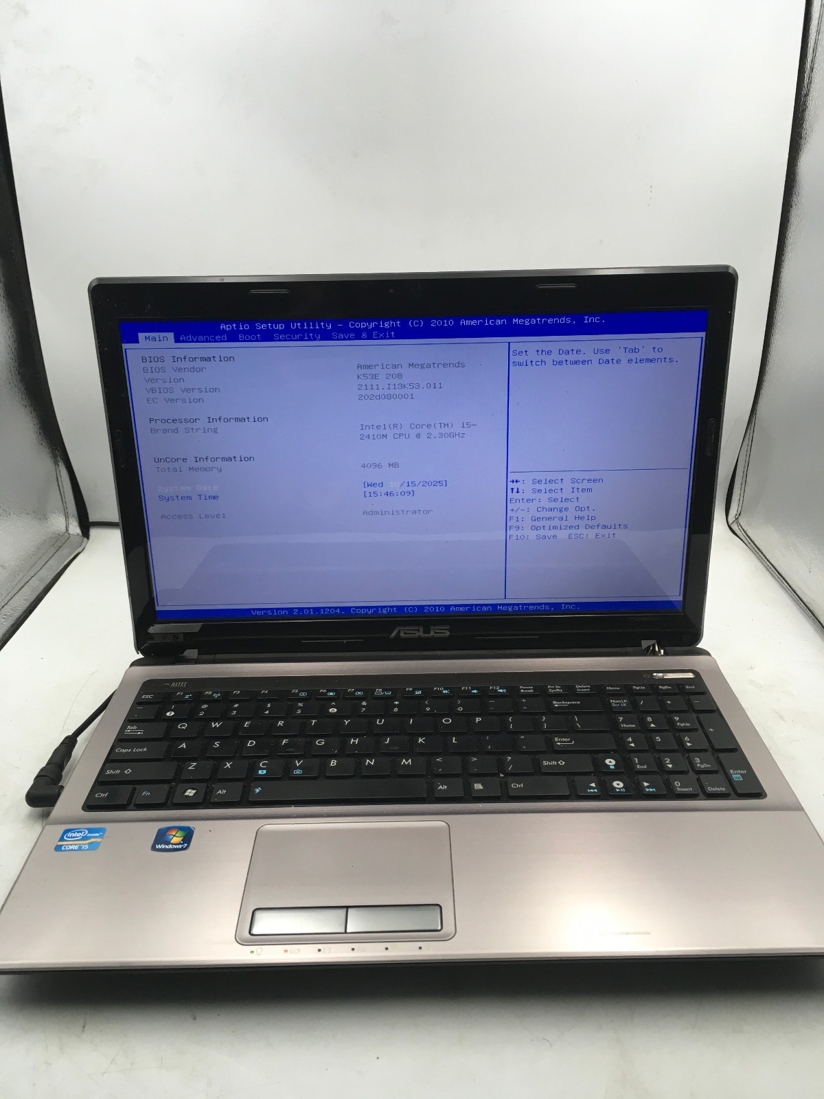 ASUS A53E – BOOTS TO BIOS – INTEL CORE I5 2410M – 4GB RAM – NO OS -READ DESC- BB