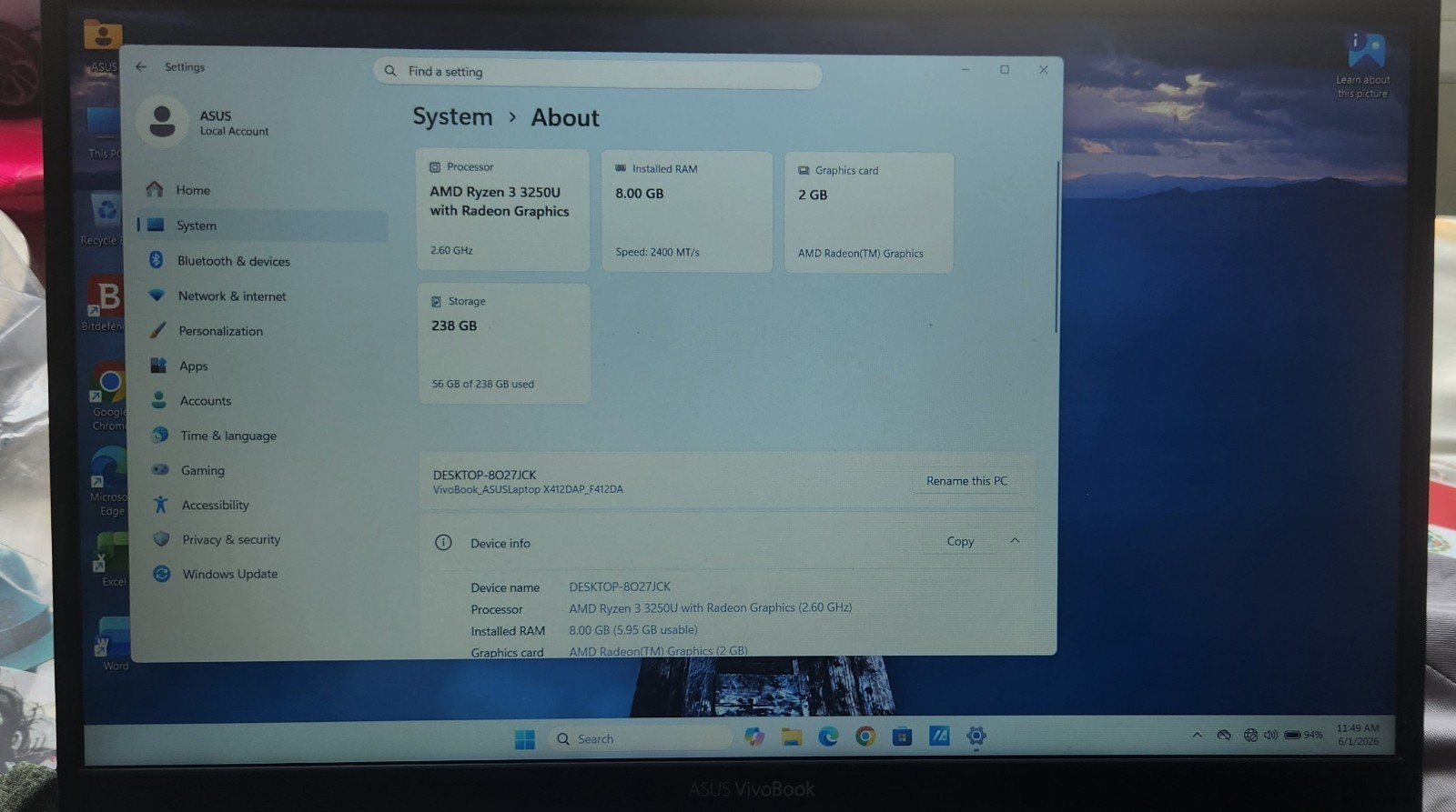 ASUS VivoBook X412DAP 14in Ryzen 3 3250U 8GB 238GB SSD Win 11 Gray