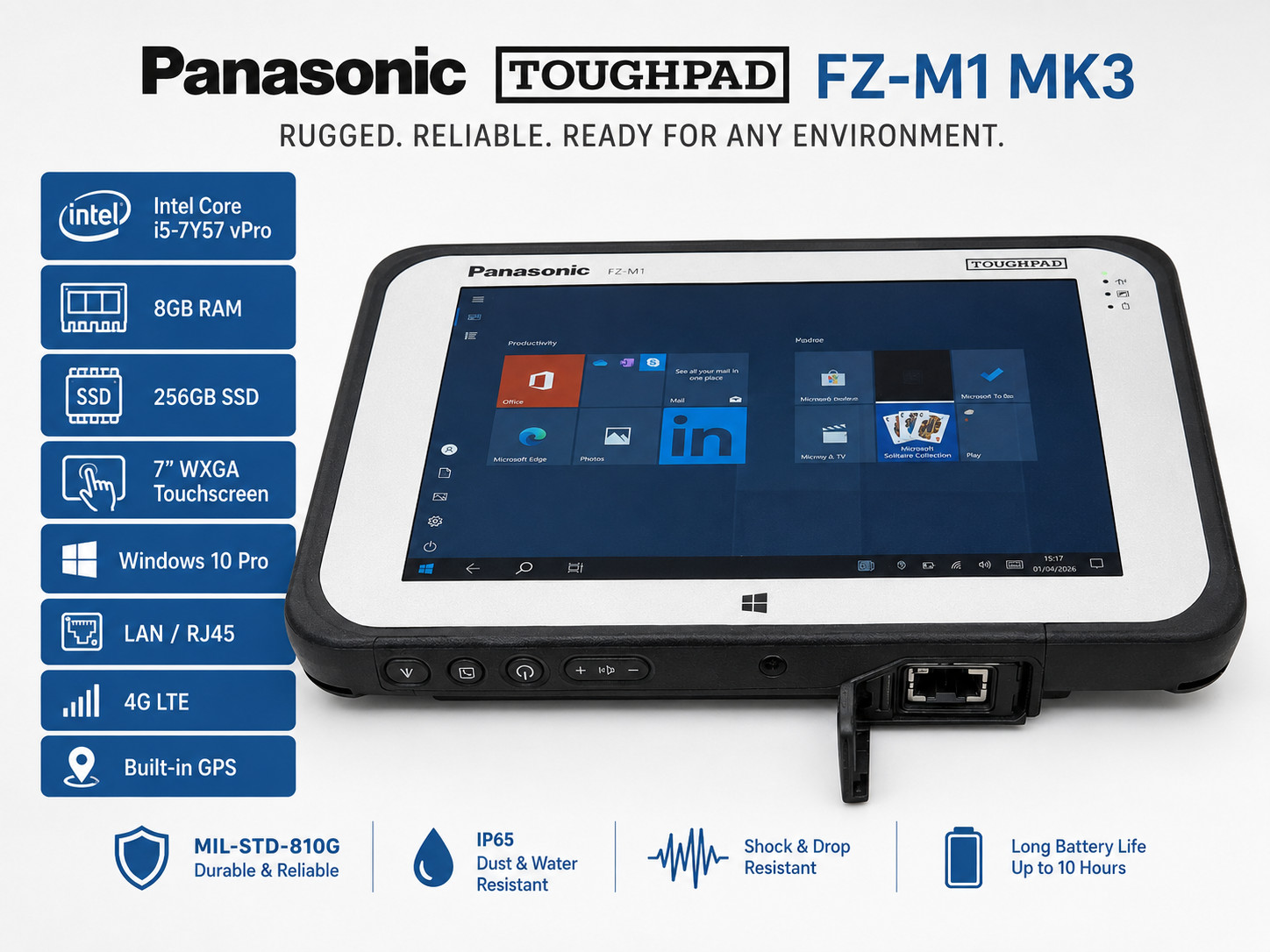 Panasonic ToughPad FZ-M1 MK3 I5 1.2GHz Win 10 8GB, 256GB Tablet LAN RJ45 4G GPS