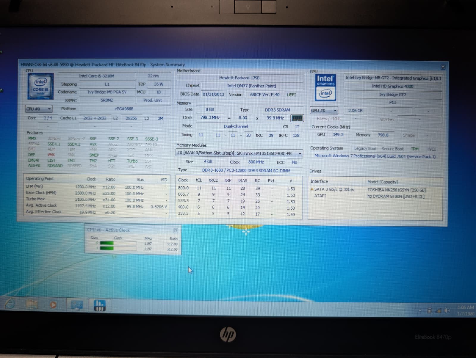 HP EliteBook 8470P | i5 3rd Gen 8GB RAM 250GB HDD | Windows 7 Pro DVD Drive