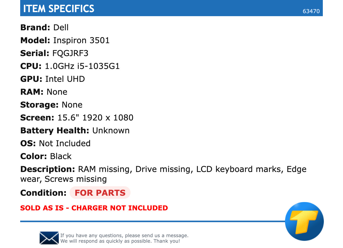 FOR PARTS: Dell Inspiron 3501 – 15.6″ FHD, 1.0GHz i5, NO RAM, NO SSD