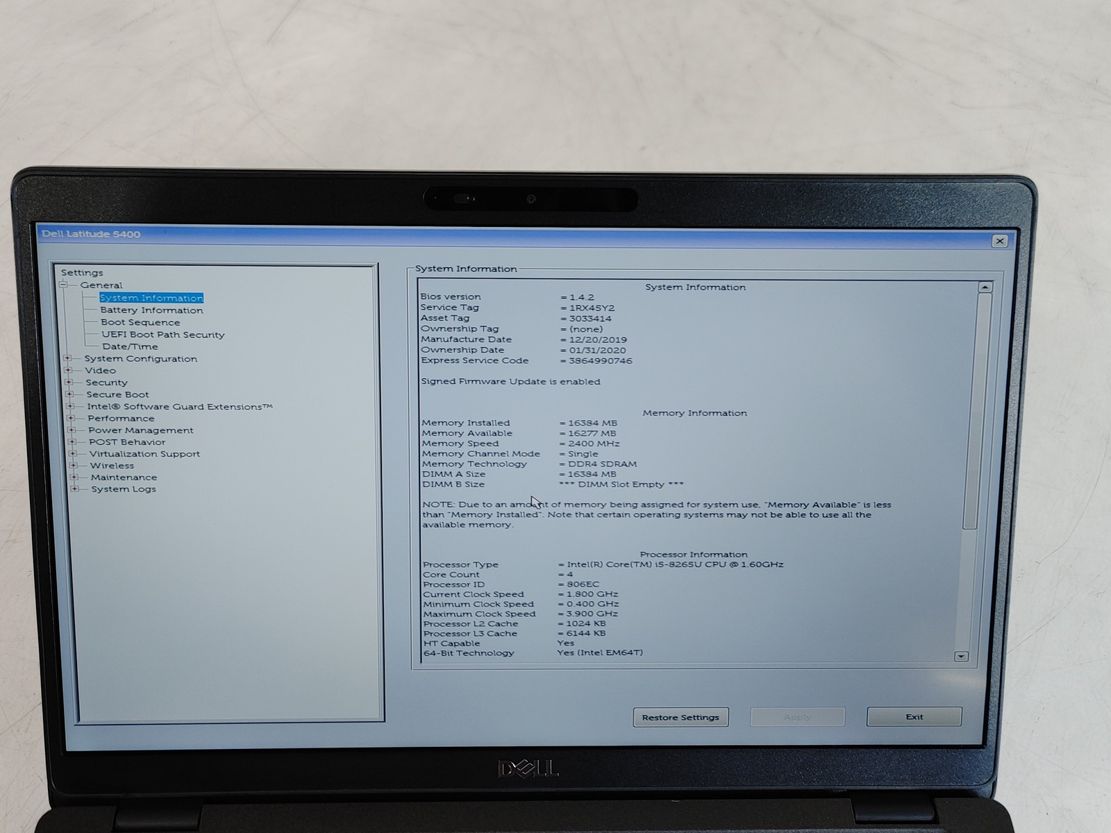 Dell Latitude 5400 Core i5-8265U 1.60 GHz 16 GB DDR4 No HDD