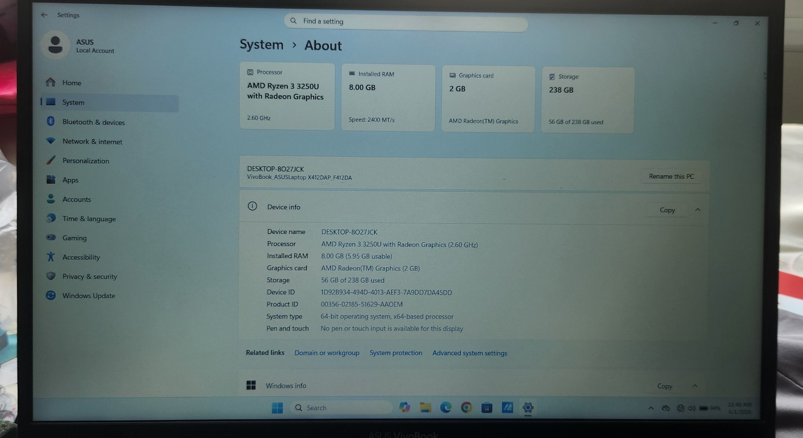 ASUS VivoBook X412DAP 14in Ryzen 3 3250U 8GB 238GB SSD Win 11 Gray