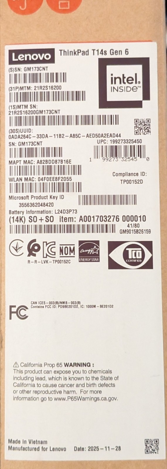 *SEALED* Lenovo ThinkPad T14s Gen 6 (Core Ultra 7 255U, 16GB/1TB, Win 11 Pro)