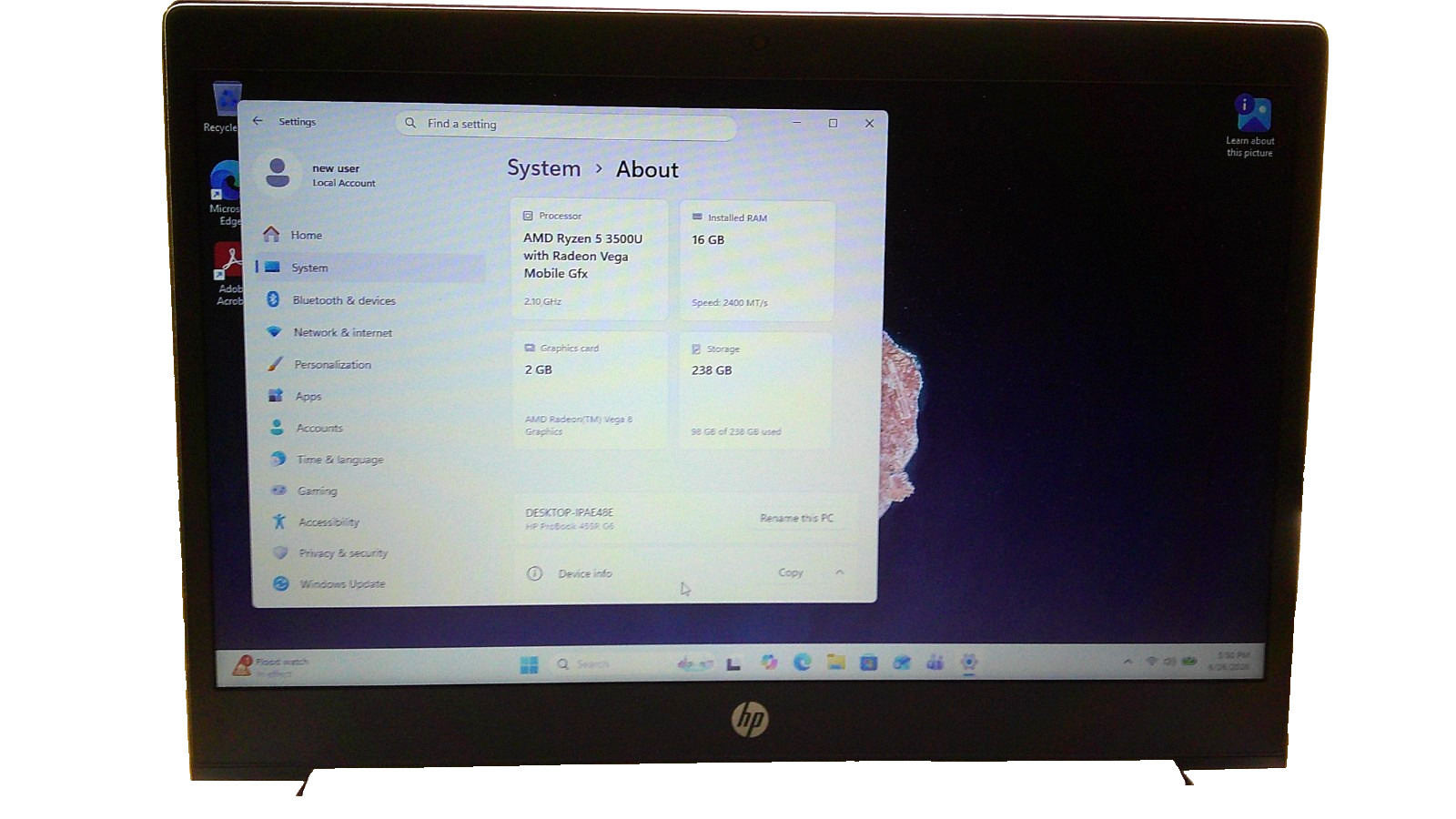 HP PROBOOK 455 G6 RYSEN 5 3500U 16 GIG RAM 256 SSHD WIN 11 NIVIDA VEGA VIDEO