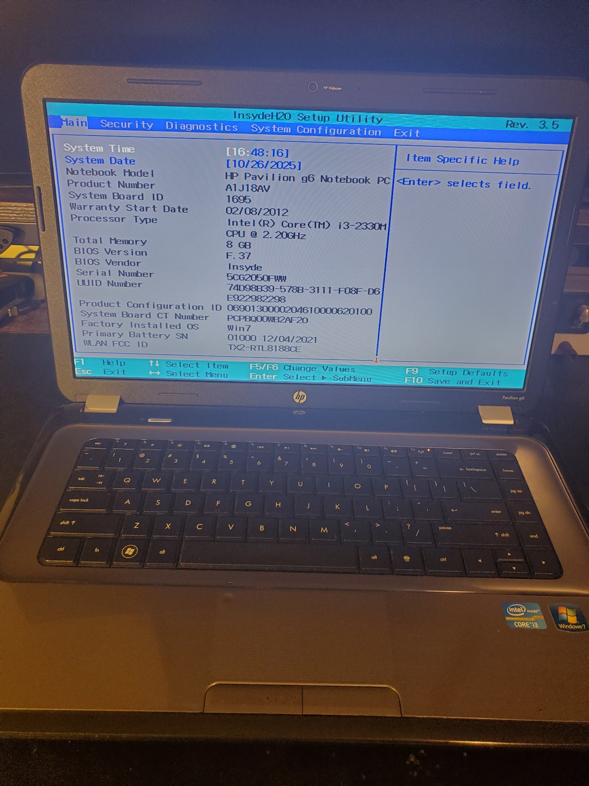 HP Pavilion G6 – 15.6″, Intel i3-2330m, 8GB RAM, 120GB SSD – No charger included