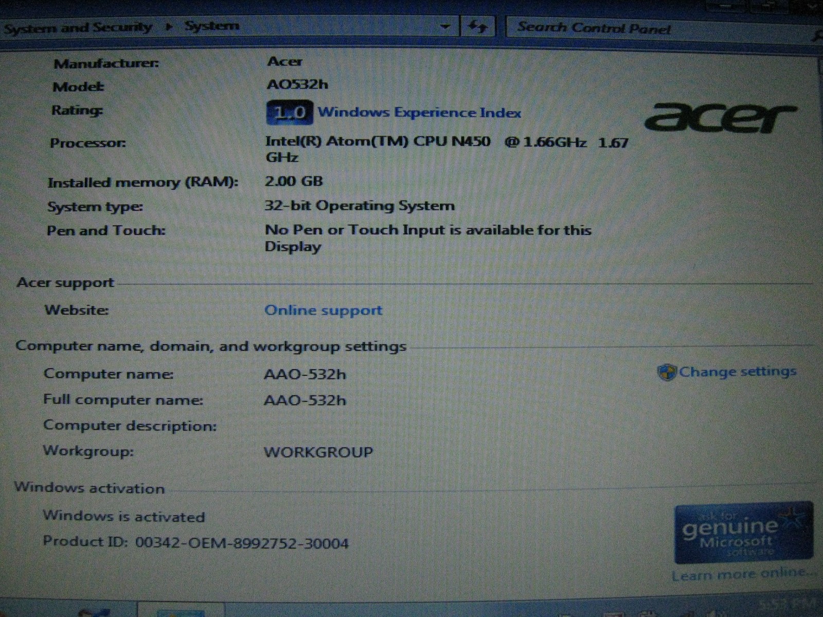 Acer Aspire One 532h Netbook Computer w/ AC Adapter — Excellent Battery