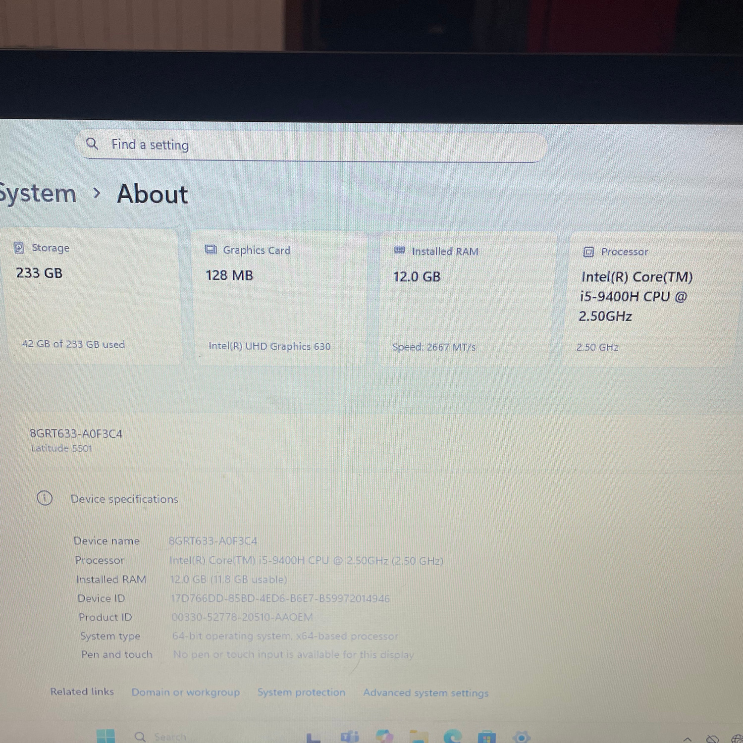 dell latitude 5501 core i5 9400h @ 2.50ghz 12gb ddr4 ram samsung evo 250gb ssd