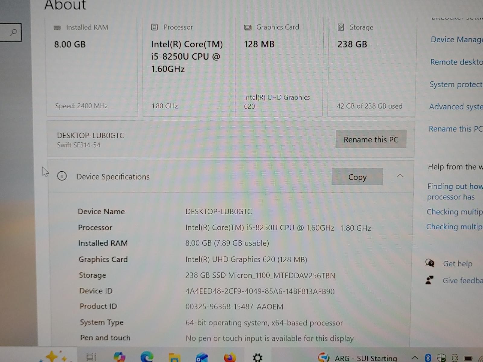 Acer Swift SF314-54 14″ Intel i5-8250U 8GB RAM 256GB SSD Win11Home **NO A/C**