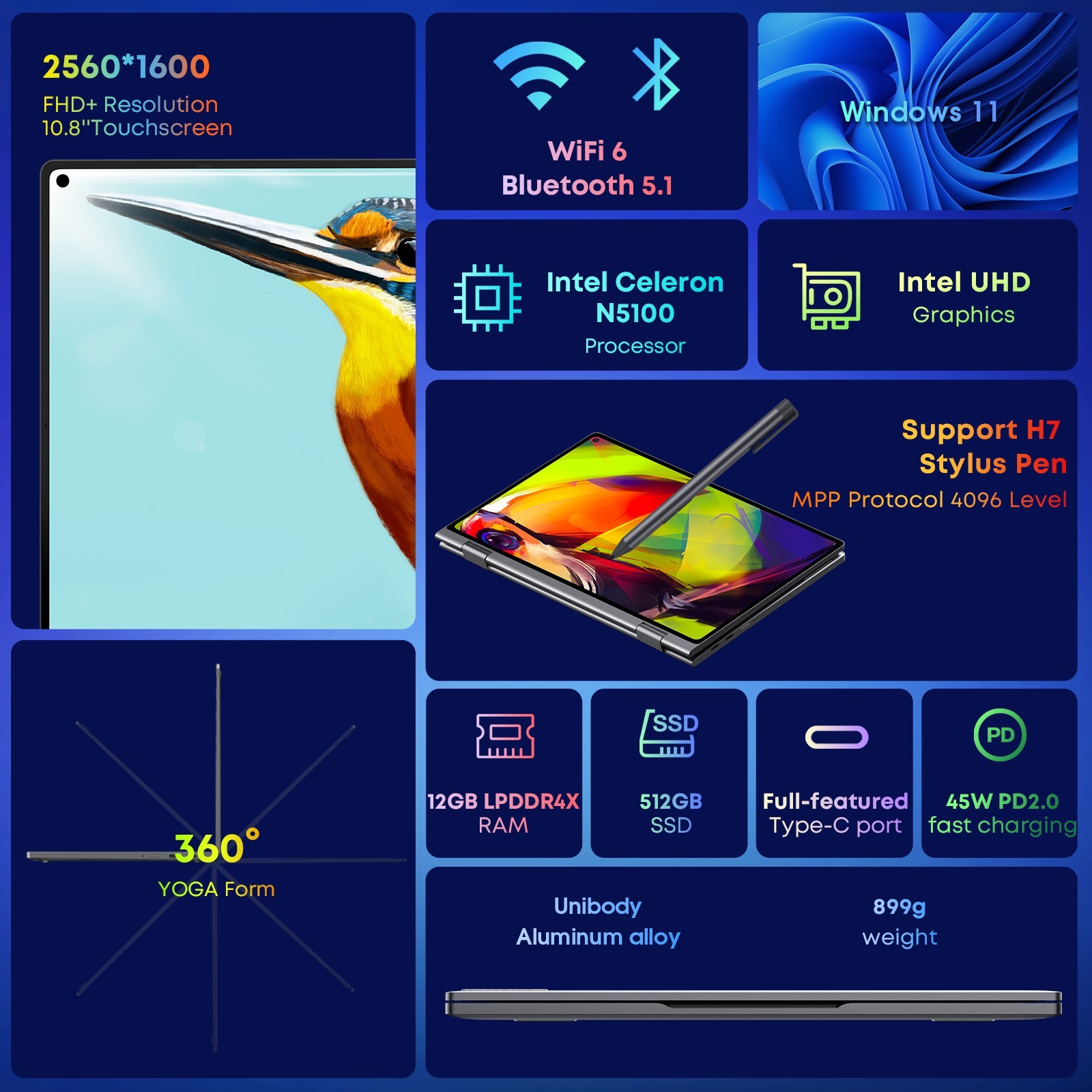 CHUWI Minibook 10.51″ Win11 Laptop, Intel Processor, Backlit Keyboard, 8/12/16GB