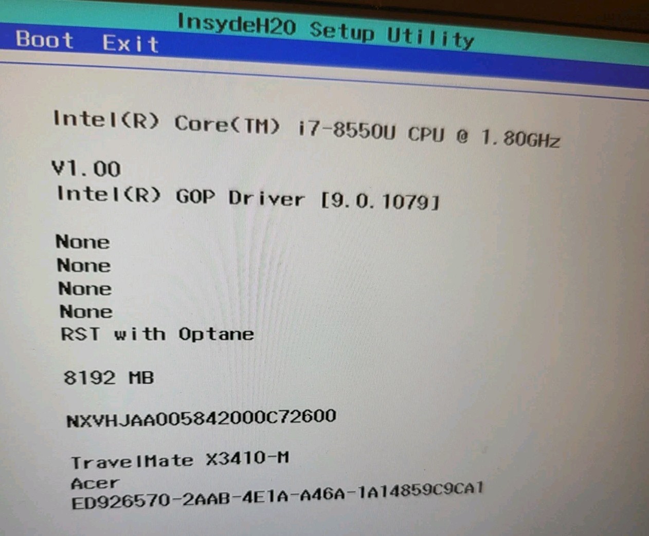 Acer travel Mate i7-8550U CPU@1.8GHz 8GB RAM no SSD 071101